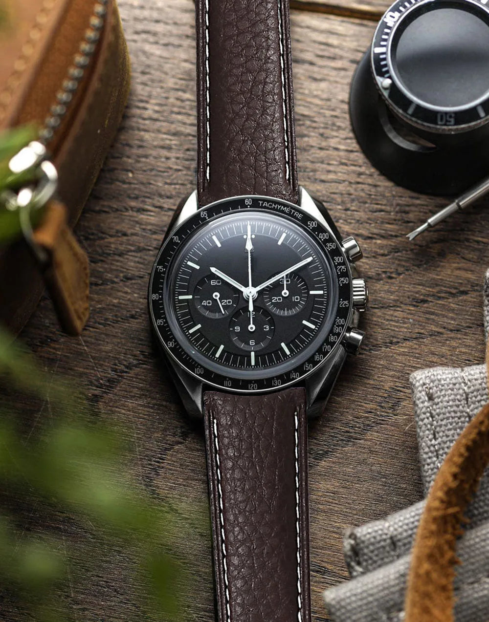 Grained Leather Band in dark brown on a watch