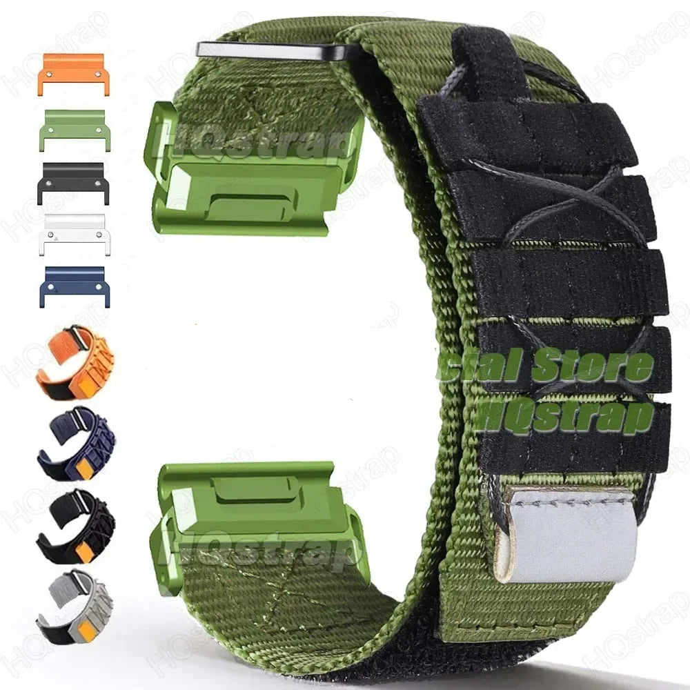 Garmin nylon strap in military green, featuring a secure fit and adjustable design for smartwatches. QuickFit compatible.