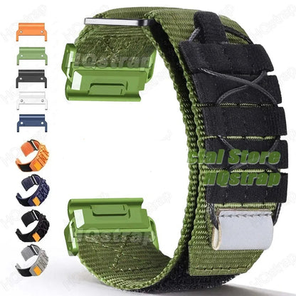 Garmin nylon strap in military green, featuring a secure fit and adjustable design for smartwatches. QuickFit compatible.