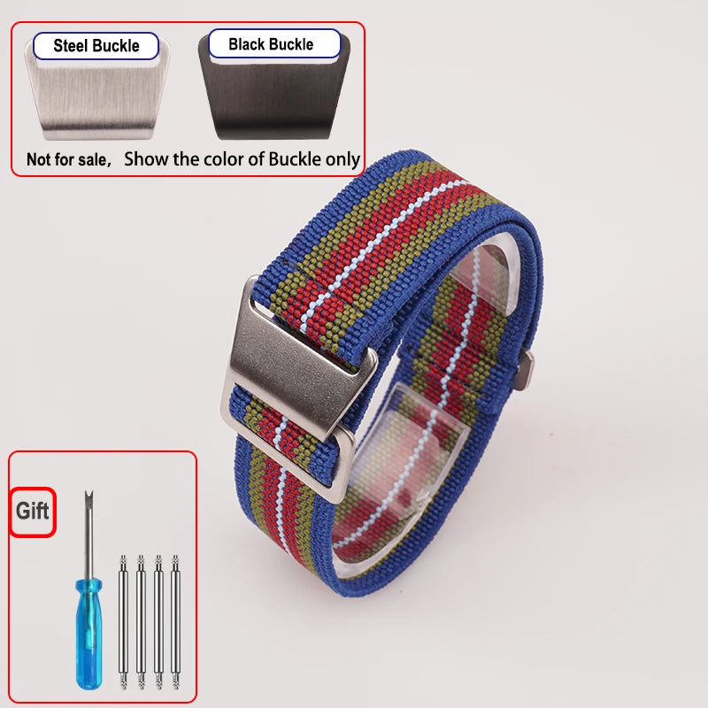 OnePlus Smartwatch Bands Nylon Elastic Parachute Fabric Watch Strap in blue with multi-color stripes and steel buckle.