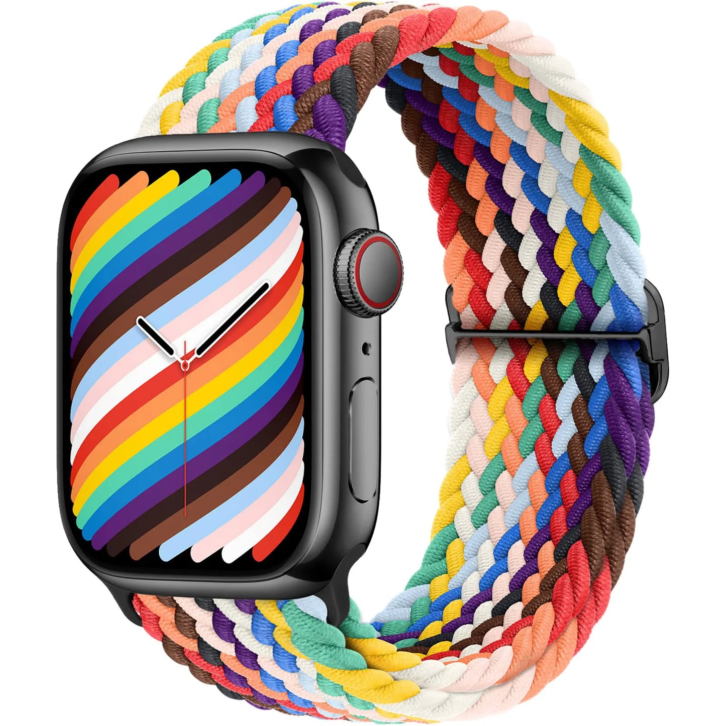 Apple Watch with colorful braided nylon strap, showcasing flexibility and comfort for daily wear.