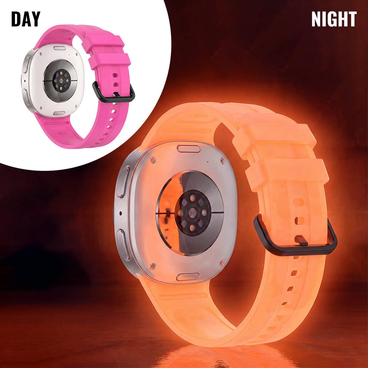Samsung Galaxy Luminous Silicone Watch Band - Watch8/Watch8 Classic/Watch9 Neon Glow Strap in Barbie Pink, glowing at night.