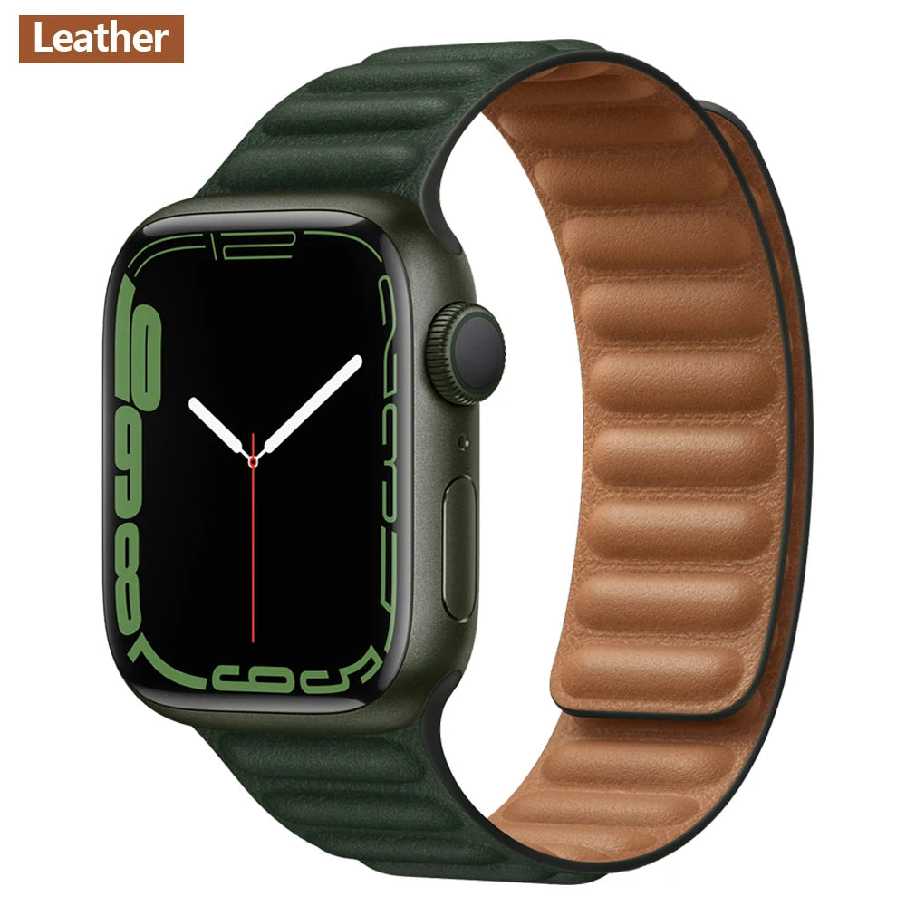 Magnetic Apple Watch Link Band - Leather & Silicone in Leather / Forest Green