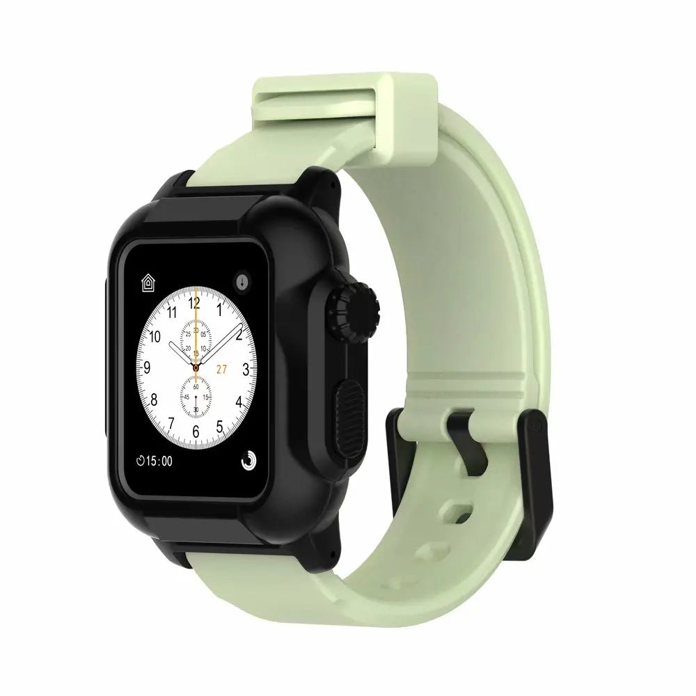 Apple Watch with green silicone strap, featuring waterproof and luminous design for style and functionality.