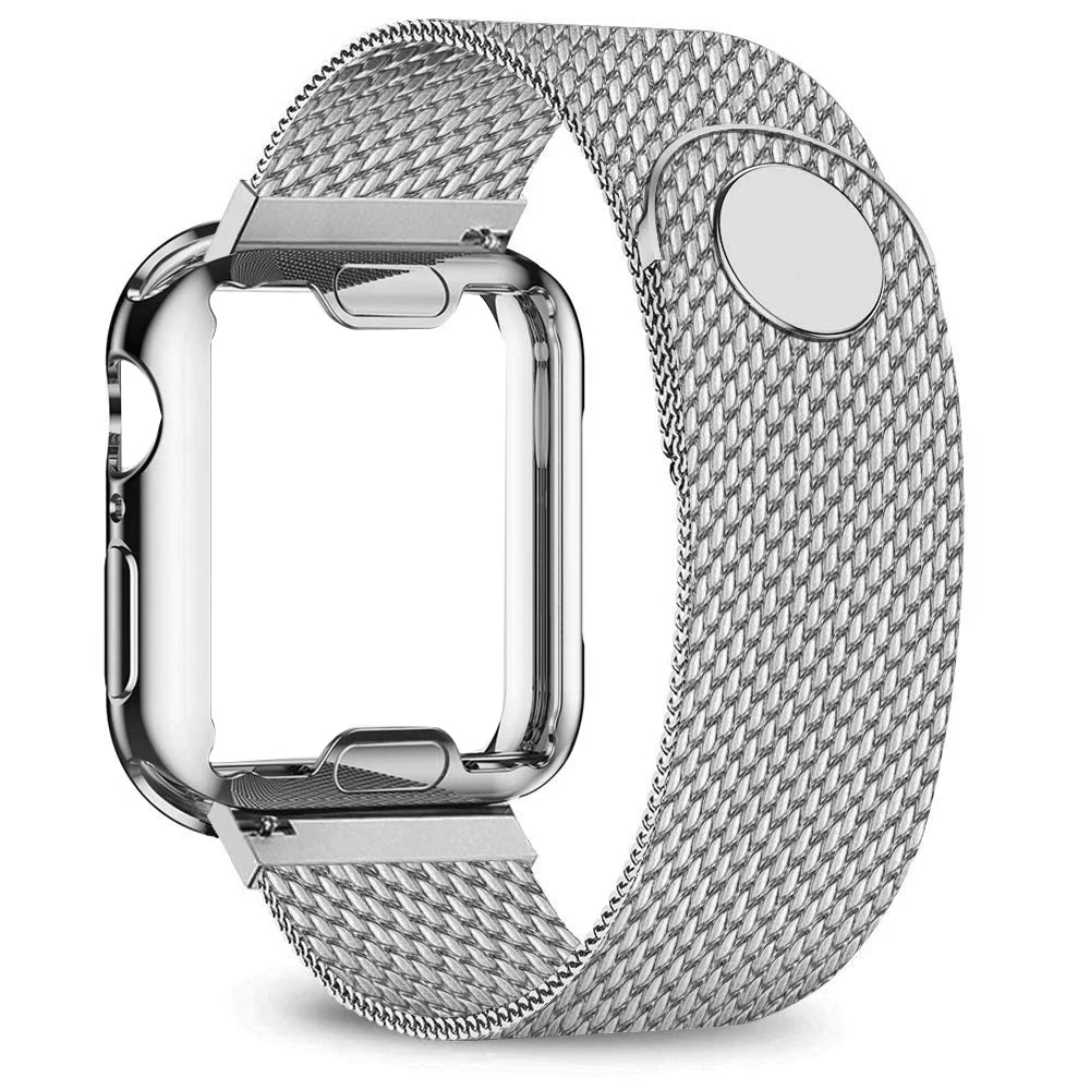Silver mesh band with matching case surround for Apple Watch