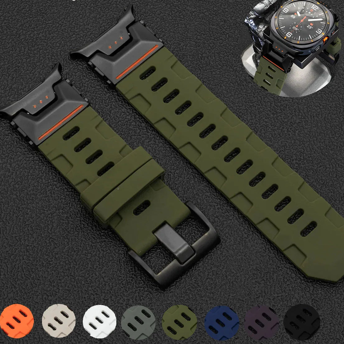 Samsung Galaxy Silicone Sport Watch Band - Ultra/Ultra2 No Gaps in durable green silicone design.