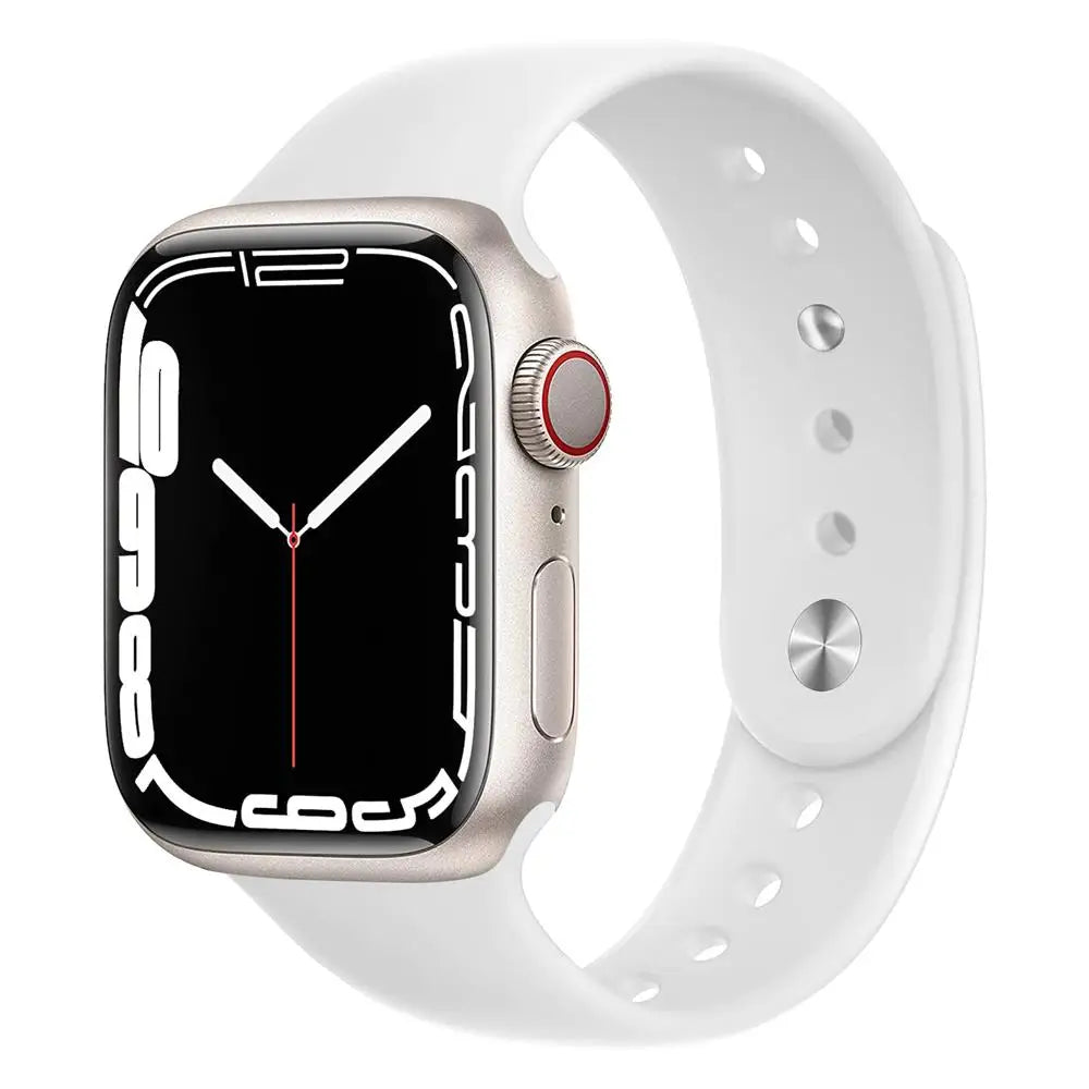 Apple Watch with white silicone strap showcasing a sleek and modern design, perfect for comfort and style.