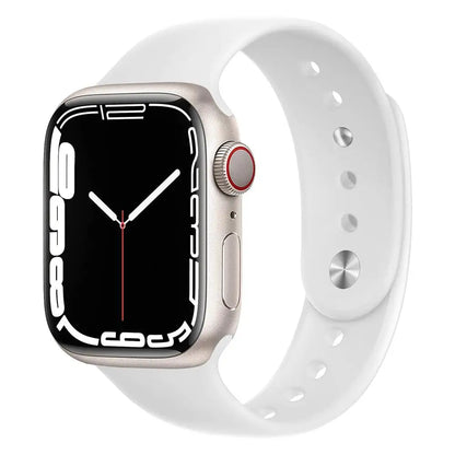 Apple Watch with white silicone strap showcasing a sleek and modern design, perfect for comfort and style.