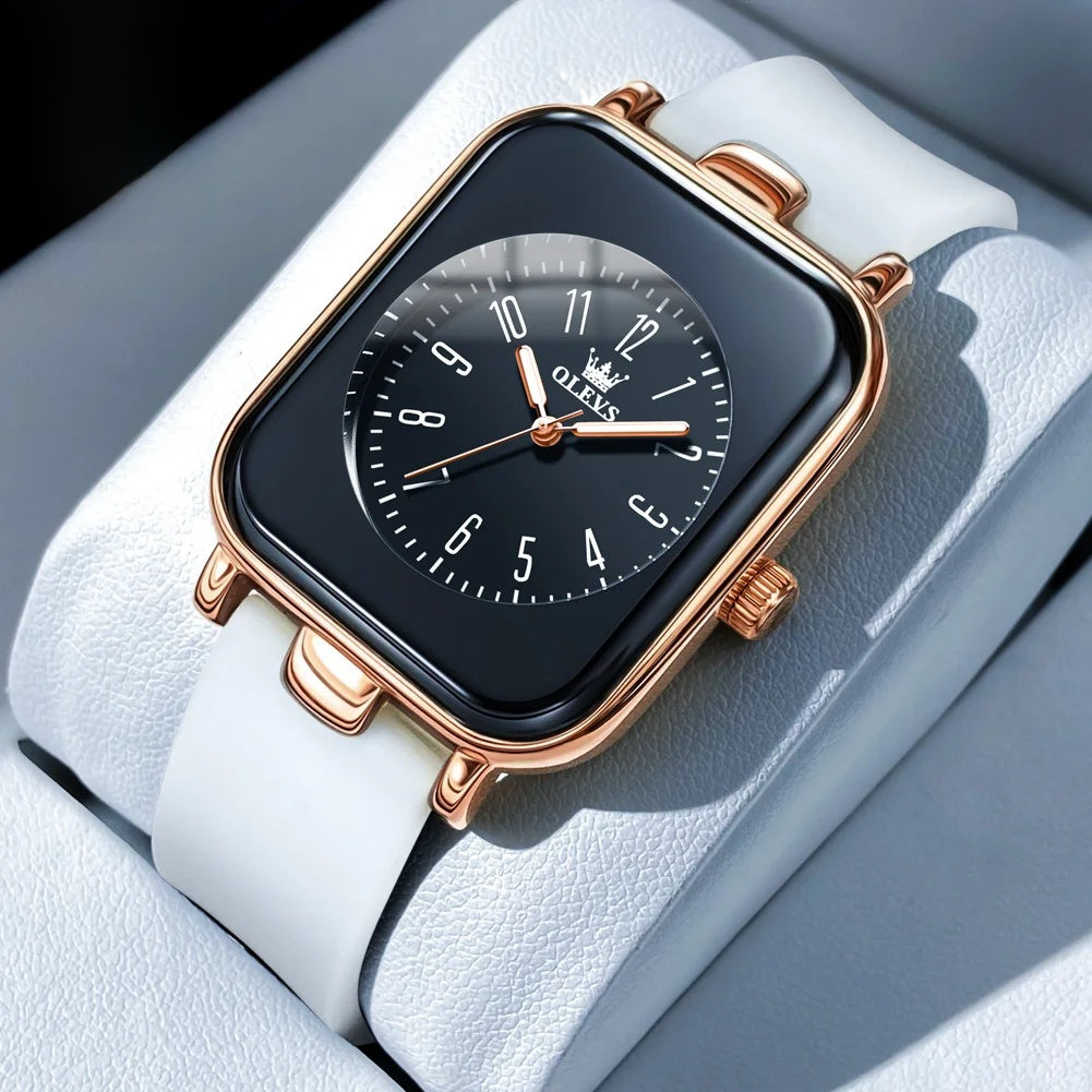 Women's Rectangular Silicone Quartz Watch — White / Rose Gold Tone — BandsCo Straps