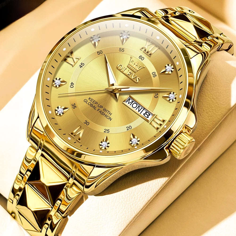 Stainless Steel Day-Date Watch - Women's, Men's & Couples — Men / Gold Tone / Gold Dial — BandsCo Straps