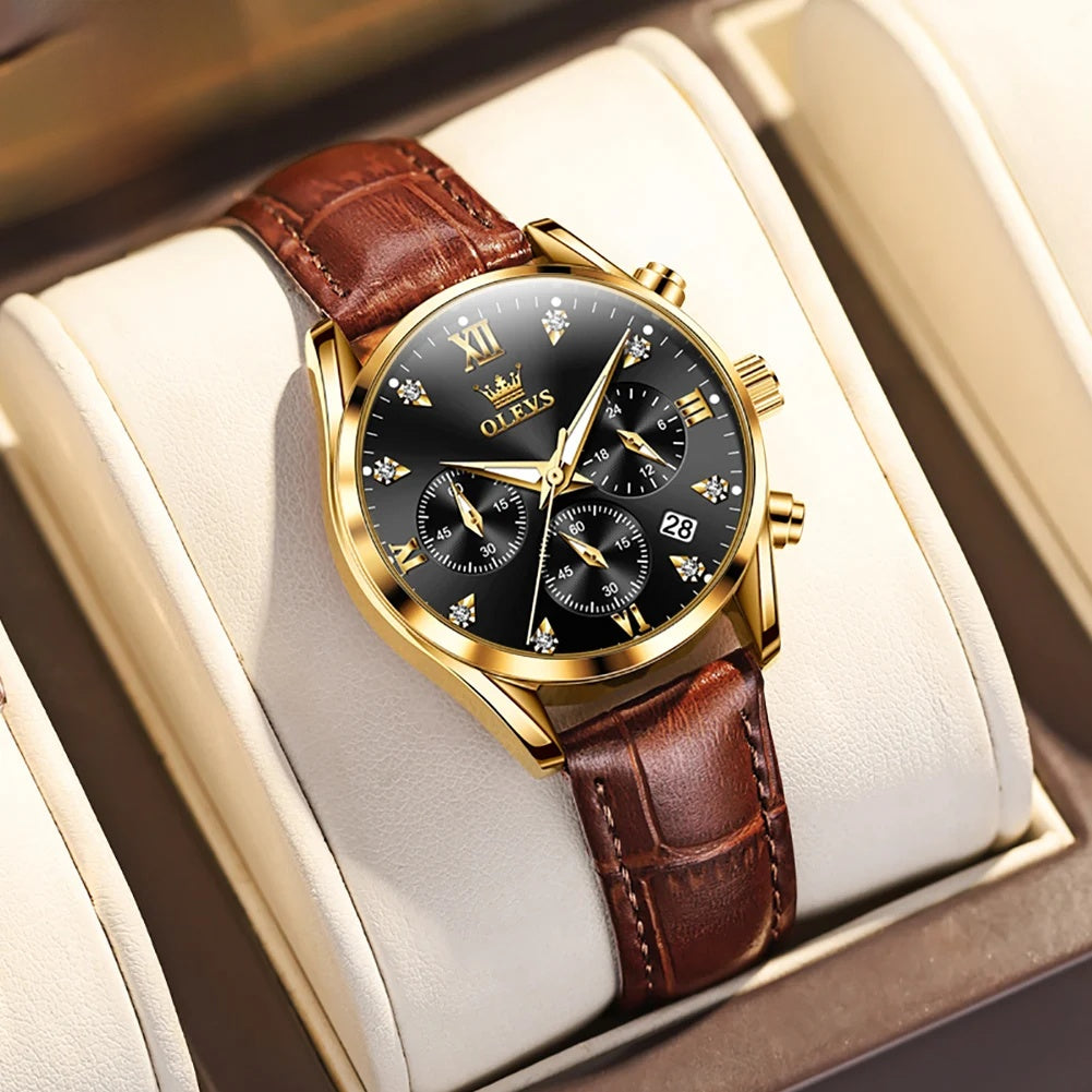 Women's Multifunction Leather Quartz Watch — Gold Tone / Black Dial — BandsCo Straps