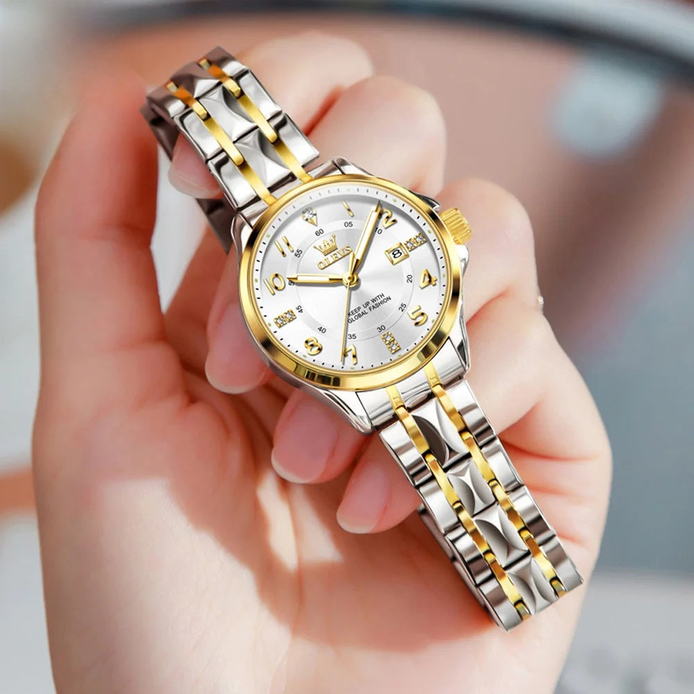 Women's 30mm Sculpted Bracelet Quartz Date Watch — White dial and sculpted bracelet close-up