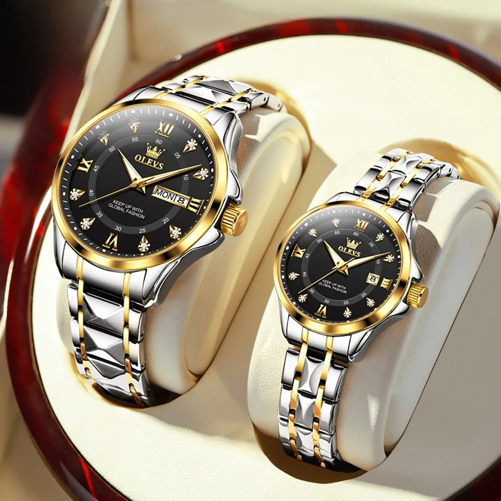 Stainless Steel Day-Date Watch - Women's, Men's & Couples — Couple Pair / Two Tone / Black Dial — BandsCo Straps