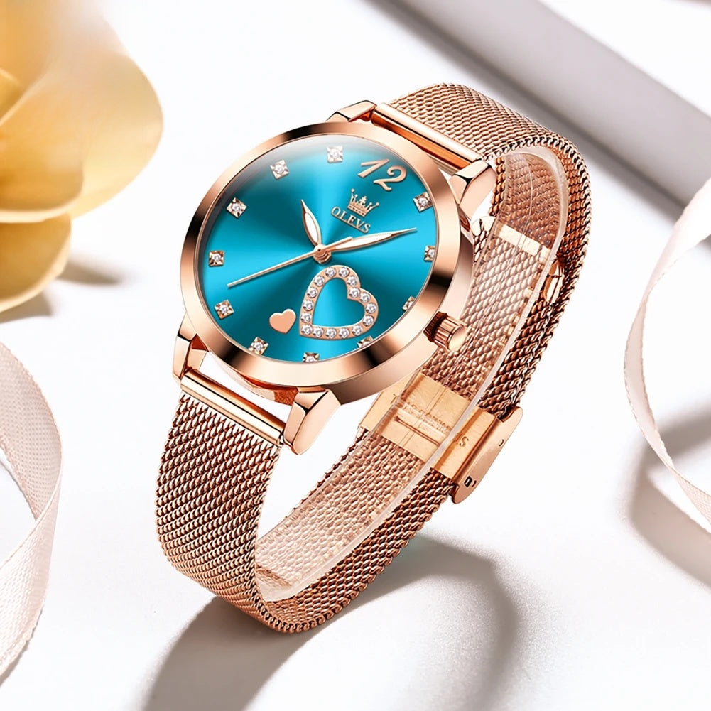 Women's Crystal Heart Mesh Quartz Watch — Blue — BandsCo Straps