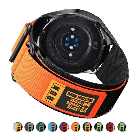 Orange and black nylon loop band with original RUN rubber tag and Amazfit GTR 4 underside