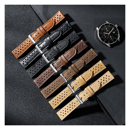 Seven perforated calfskin rally bands with contrasting stitching and an Amazfit watch