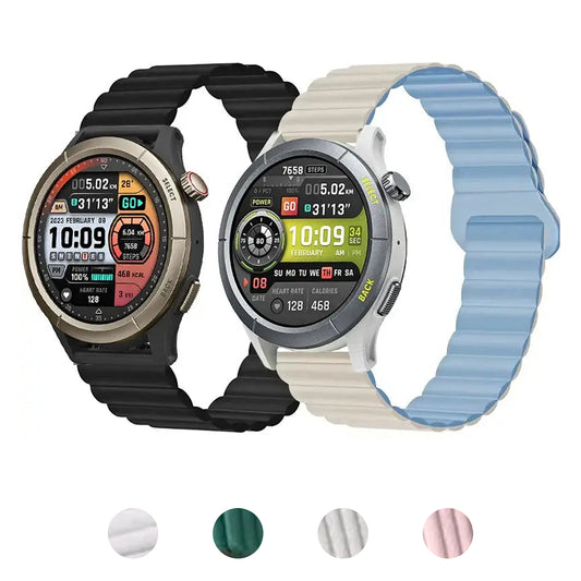 Ribbed magnetic silicone loop bands on Amazfit watches with actual band color previews