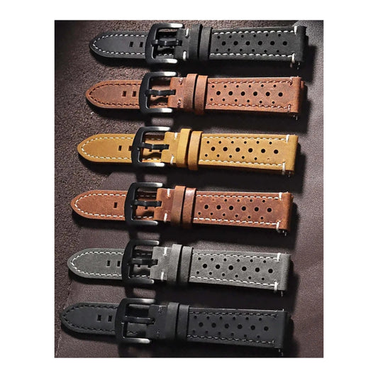 Six stitched perforated leather bands with black buckles