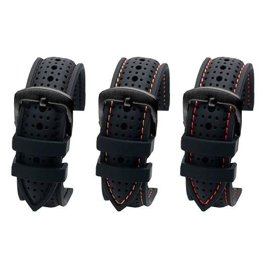 Black perforated silicone bands with black, orange and red stitching and black buckles
