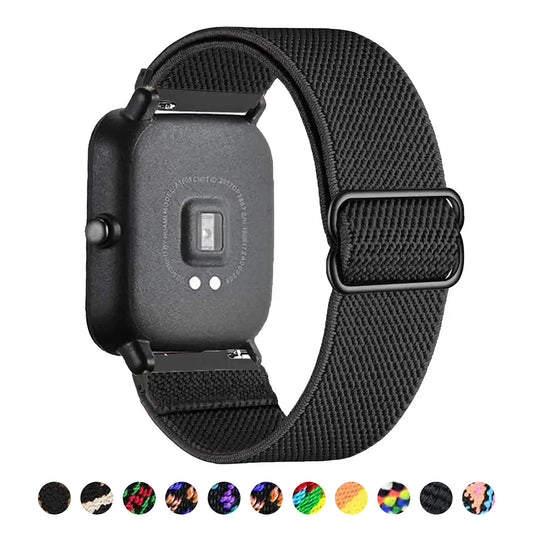 Black stretch nylon loop band with slide buckle on Amazfit Bip, with actual pattern previews