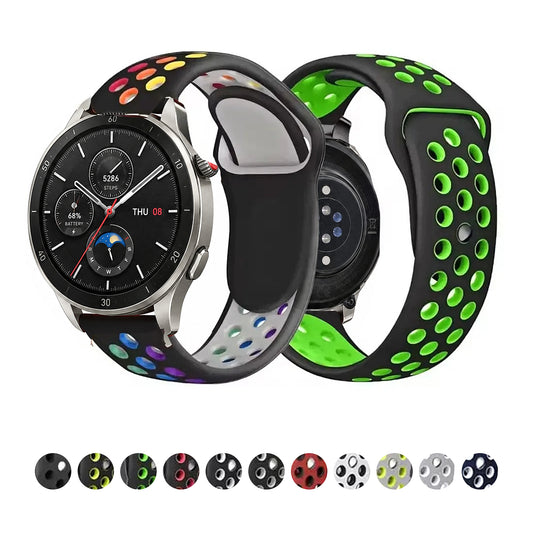 Multicolor and green perforated silicone bands with Amazfit GTR 4 front and underside