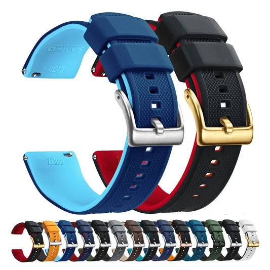 Navy and black two-tone silicone bands with silver and gold buckles and actual band and buckle previews