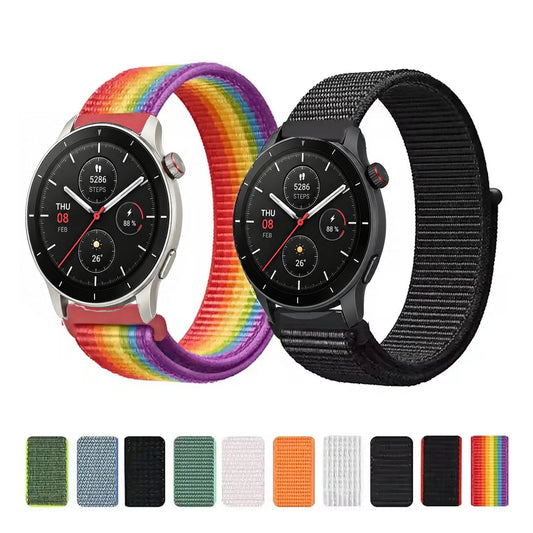 Rainbow and black woven nylon sport-loop bands on Amazfit watches with actual weave and color previews
