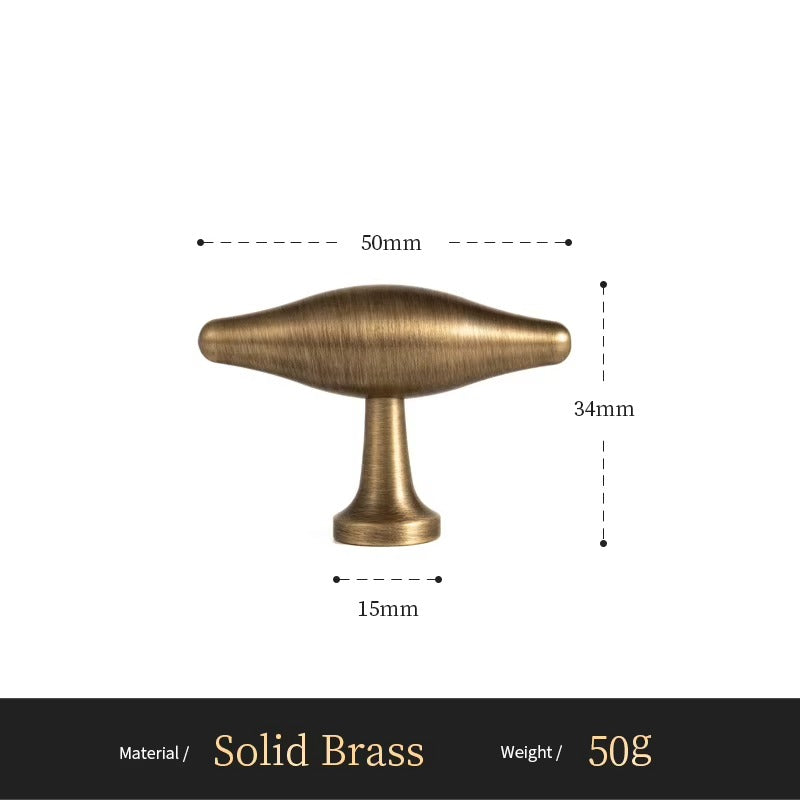 Arched solid brass T-bar cabinet knob size diagram, 50mm long