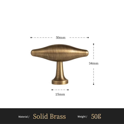 Arched solid brass T-bar cabinet knob size diagram, 50mm long