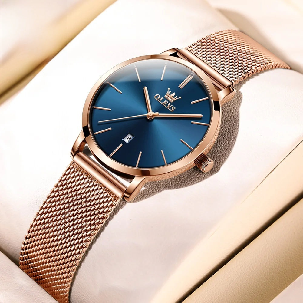 Women's Minimalist Mesh Date Quartz Watch — Rose Gold Tone / Blue Dial — BandsCo Straps