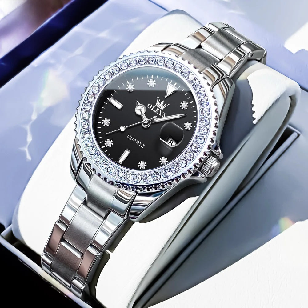 Women's Sunray Dial Crystal-Bezel Quartz Watch — Black