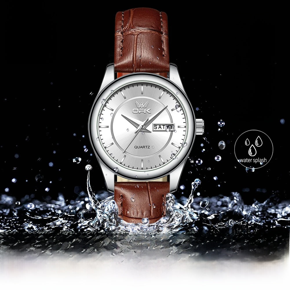 Women's Leather Day-Date Quartz Watch — Brown leather watch and case view — BandsCo Straps