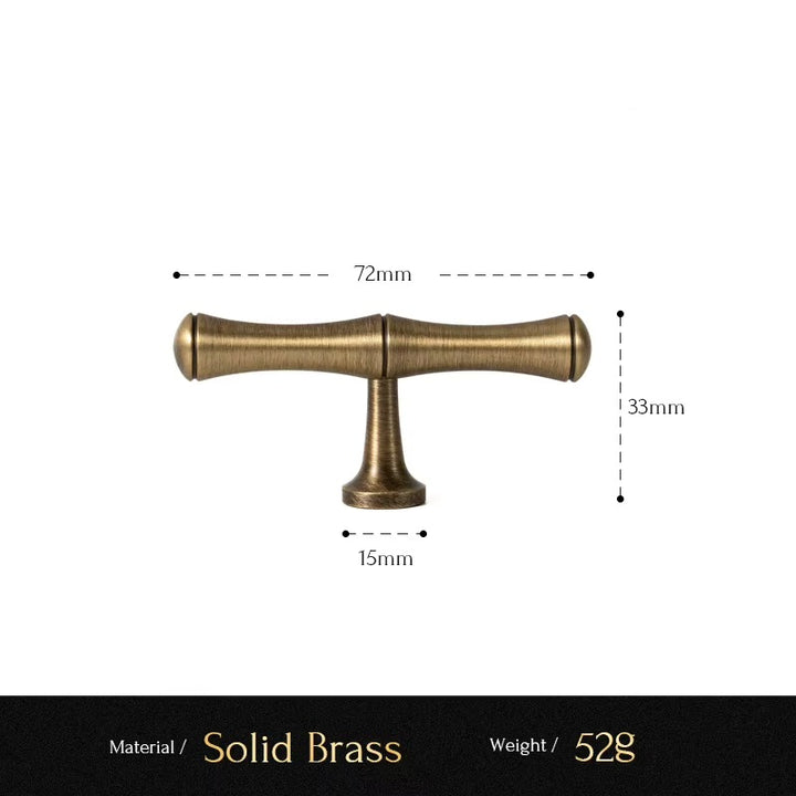 Bamboo solid brass T-bar cabinet knob size diagram, 72mm long
