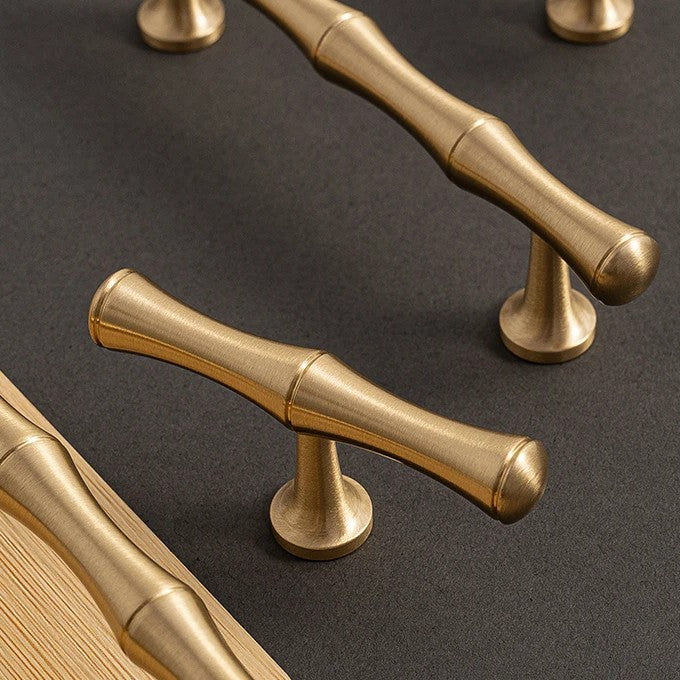 Bamboo solid brass T-bar cabinet knob in brushed brass