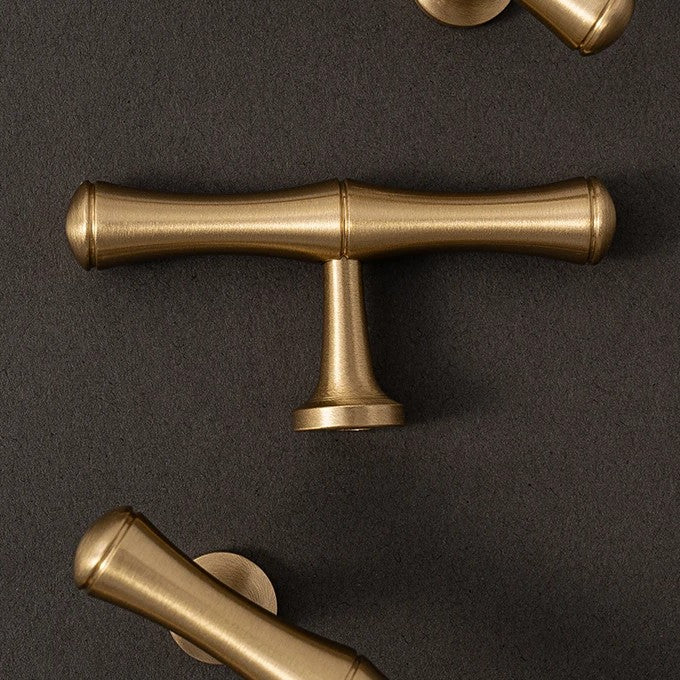 Bamboo solid brass T-bar cabinet knob in brushed brass