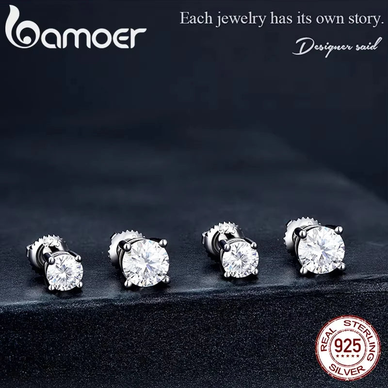 Round & Square Moissanite Screw-Back Stud Earrings in Silver — Round size comparison