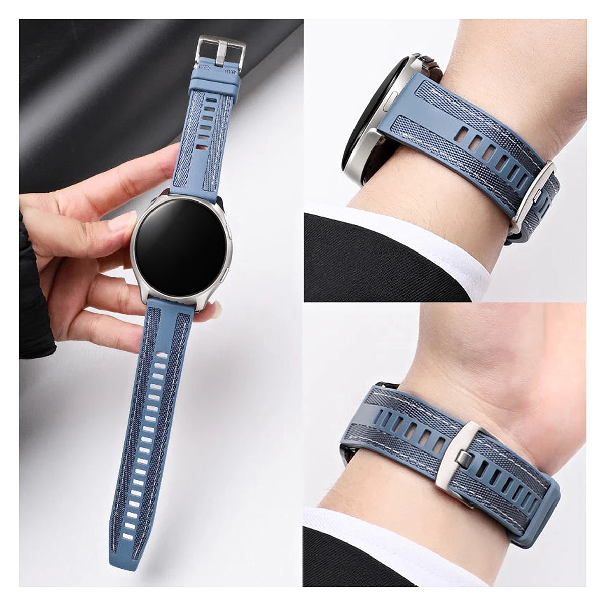 Motorola Moto Watch Silicone Band with Canvas-Look Texture — original band and real variant previews