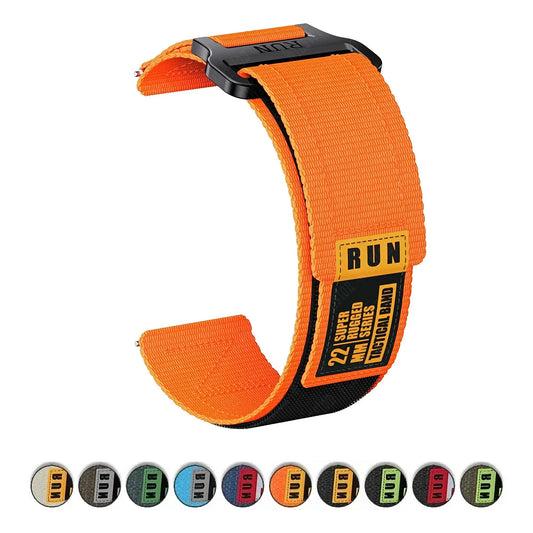 Motorola Moto Watch Nylon Hook-and-Loop Band with RUN Label — original band and real variant previews