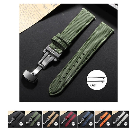 Motorola Moto Watch Sailcloth Nylon Band with Butterfly Clasp — original band and real variant previews