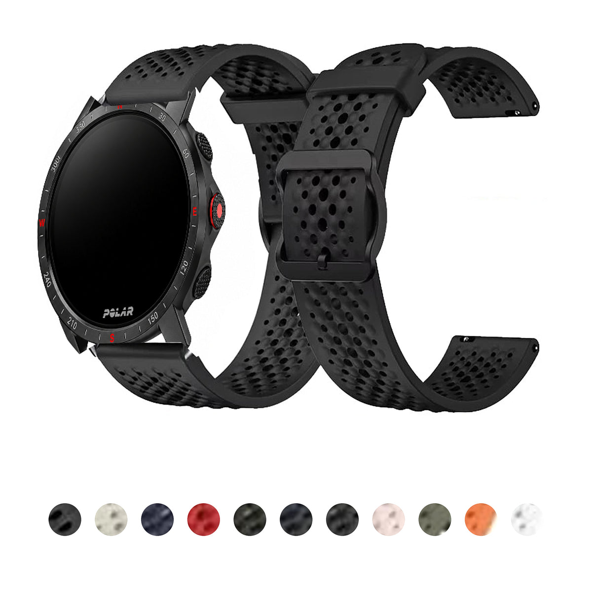Perforated Silicone Buckle Band for Polar – black band and color previews