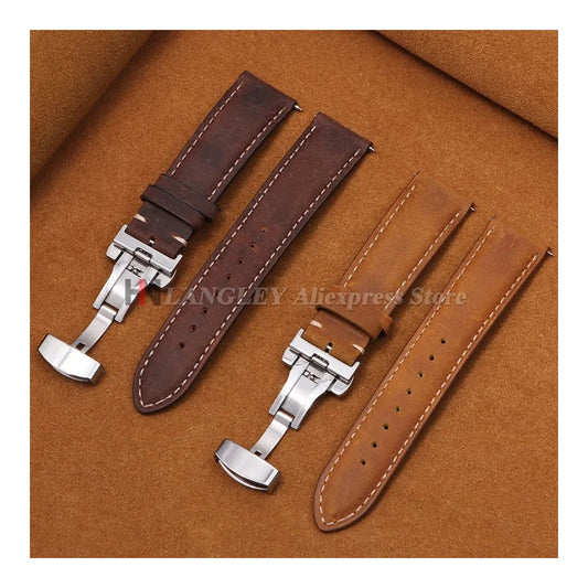 Polar Calfskin Leather Watch Band with Butterfly Clasp — Brown leather straps and butterfly clasps