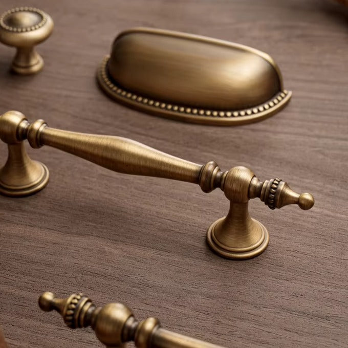 Beaded solid brass cup pull, cabinet pull and round knob in antique brass