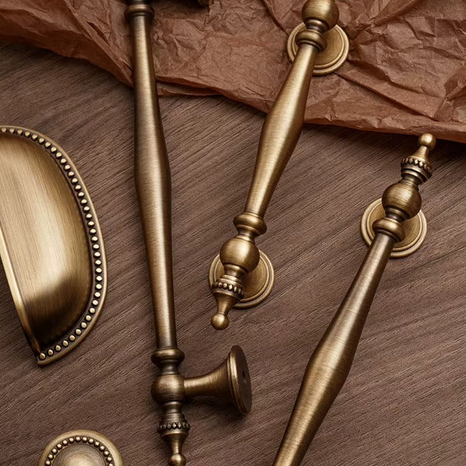 Beaded solid brass cabinet pulls, cup pull and round knob in antique brass