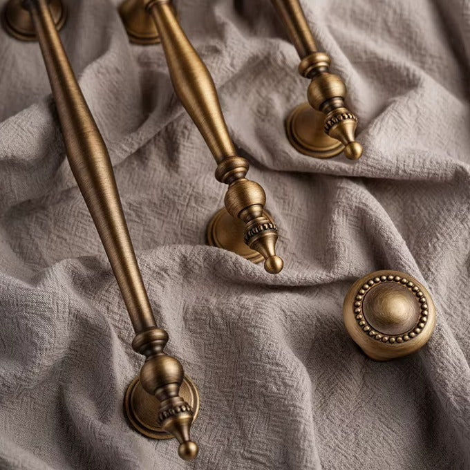 Beaded solid brass cabinet pull in antique brass