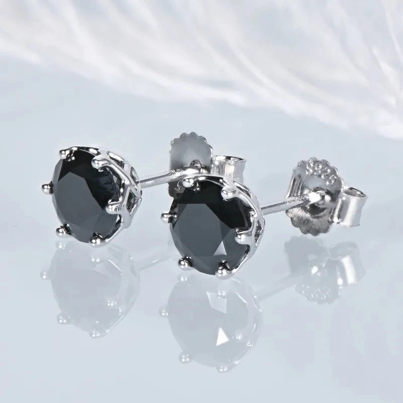 Round Moissanite Stud Earrings in Platinum-Plated Silver - Black stone pair