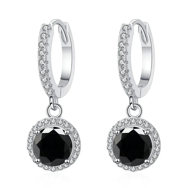 Colored Halo Moissanite Hoop Drop Earrings in Silver — Black