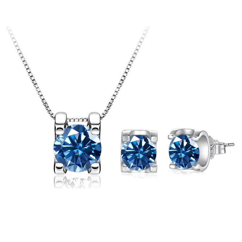 Colored Moissanite Necklace & Stud Earring Set in Silver — Royal blue set