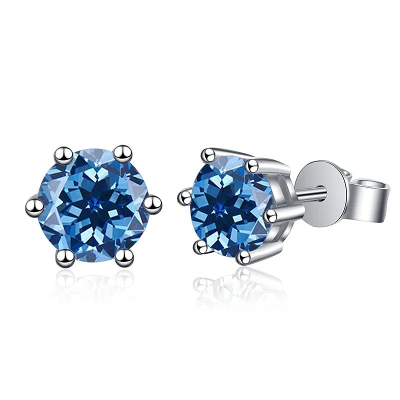 Colored Round Moissanite Stud Earrings in Sterling Silver - Royal blue stones