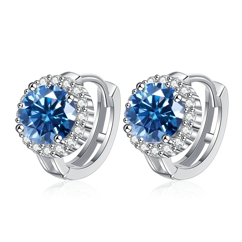 Colored Round Halo Moissanite Hoop Earrings in Silver - Royal blue centers