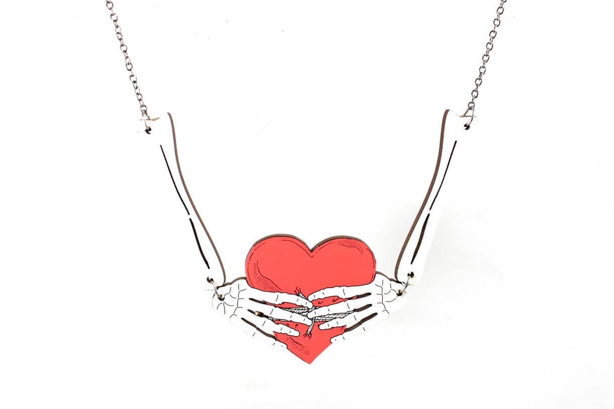 Bone Heart Necklace Skeleton Hands Red Heart Pendant by Red Sunflower